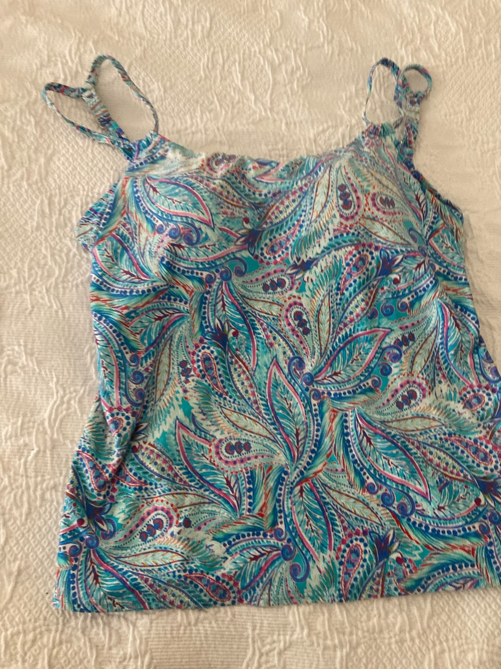 Paisley Print Spaghetti Strap tankini bathing suit top in Turquoise
